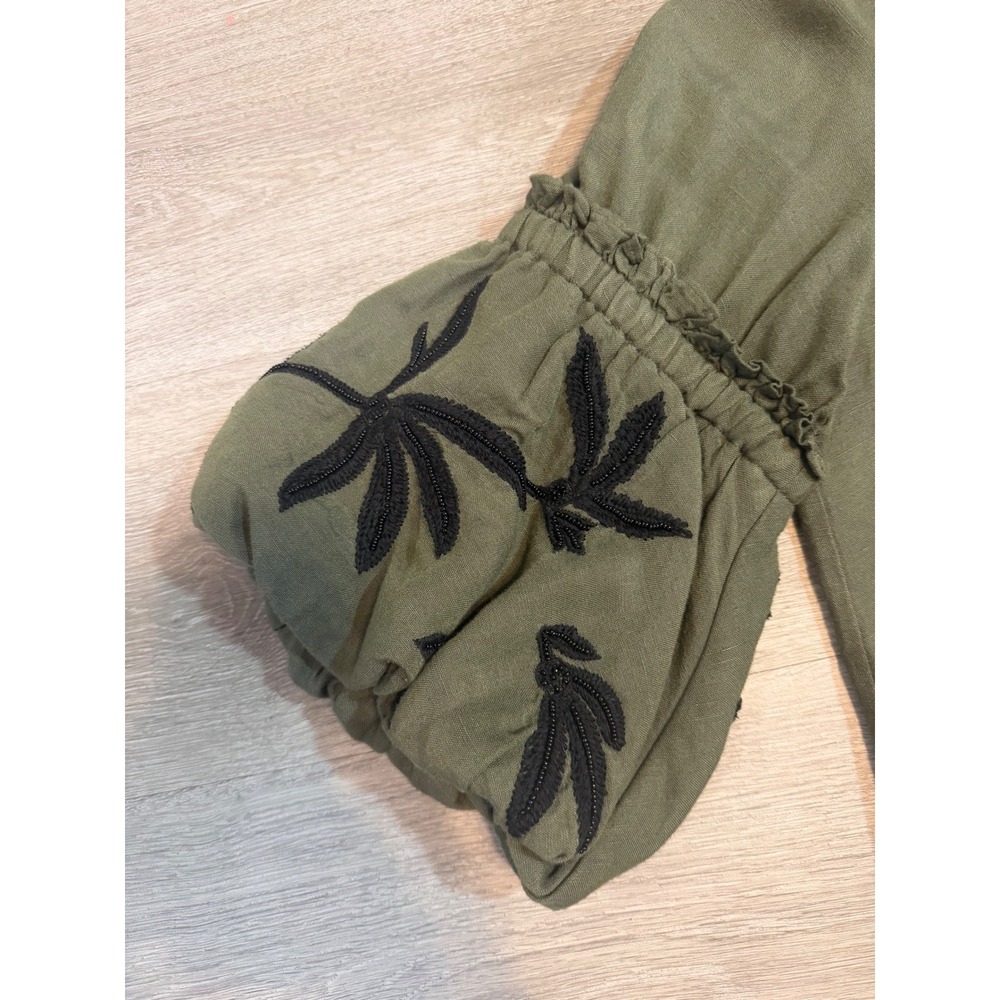 Chico's Olive Green Linen Blend Embroidered Balloon Sleeve Tunic Top XL Boho - Picture 8 of 11